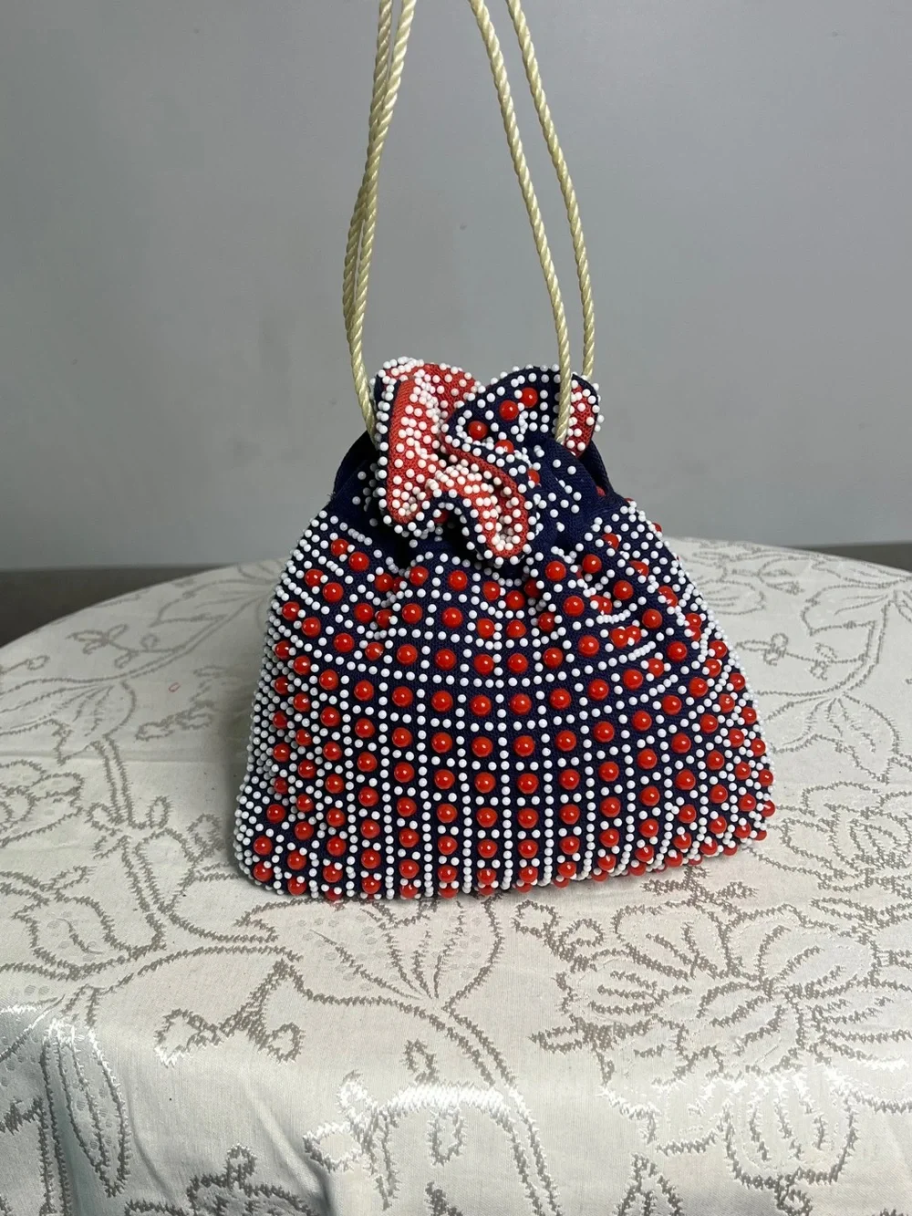 Vintage 1960s Beaded Drawstring Bag, fully reversible